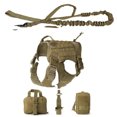 Tactical Dog Harness with Integrated Pockets and Elastic Leash for Active Dogs - Adjustable Fit-Dog Harnesses-Levereau-Khaki-M-Levereau