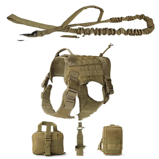 Tactical Dog Harness with Integrated Pockets and Elastic Leash for Active Dogs - Adjustable Fit-Dog Harnesses-Levereau-Khaki-M-Levereau