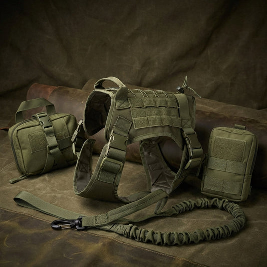 Tactical Dog Harness with Integrated Pockets and Elastic Leash for Active Dogs - Adjustable Fit-Dog Harnesses-Levereau-Military Green-M-Levereau