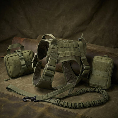 Tactical Dog Harness with Integrated Pockets and Elastic Leash for Active Dogs - Adjustable Fit-Dog Harnesses-Levereau-Military Green-M-Levereau