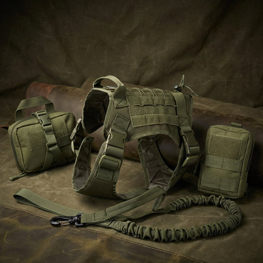 Tactical Dog Harness with Integrated Pockets and Elastic Leash for Active Dogs - Adjustable Fit-Dog Harnesses-Levereau-Military Green-M-Levereau