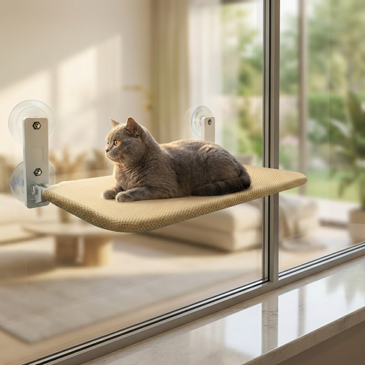 Cat Window Hammock with Suction Cups | Cozy Elevated Bed for Cats-Cat Hammocks-Levereau-Beige mesh-Levereau